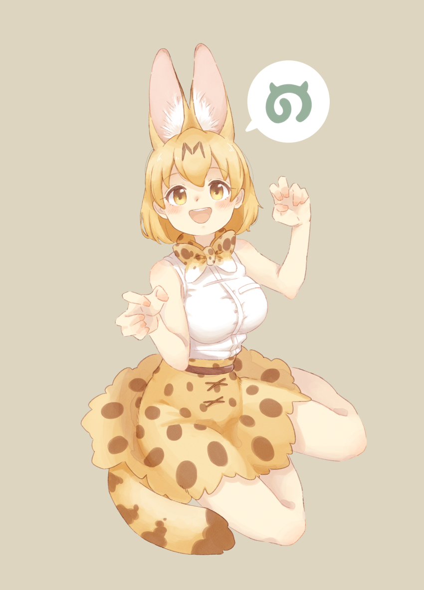 0nanaten 1girl absurdres animal_ears animal_print bare_arms bare_legs bare_shoulders blonde_hair bow bowtie brown_hair cat_ears cat_girl cat_tail claw_pose commentary_request extra_ears high-waist_skirt highres japari_symbol kemono_friends long_sleeves looking_at_viewer multicolored_hair print_bow print_bowtie print_skirt serval_(kemono_friends) shirt short_hair sitting skirt solo tail white_shirt yellow_eyes