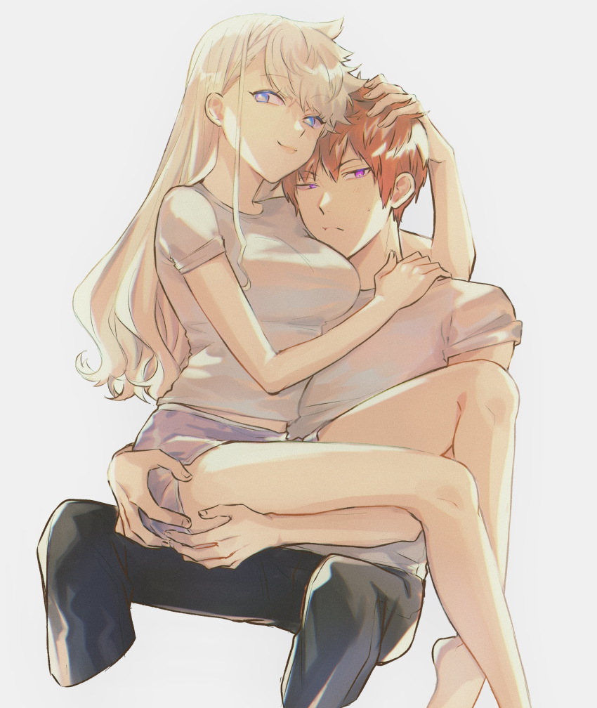 1boy 1girl absurdres arafune_tetsuji bare_arms barefoot black_pants blonde_hair blue_eyes breasts closed_mouth couple cropped_legs frown genderswap genderswap_(mtf) grey_background hair_behind_ear hand_on_another&#039;s_head hand_on_another&#039;s_shoulder hands_on_ass head_rest hetero highres inukai_sumiharu invisible_chair knee_up kuzumiya_yuyu large_breasts long_hair long_sleeves looking_at_viewer looking_to_the_side medium_breasts pants plantar_flexion purple_eyes purple_shorts red_hair shirt short_hair short_sleeves shorts simple_background sitting sitting_on_lap sitting_on_person smile t-shirt uneven_eyes white_shirt world_trigger