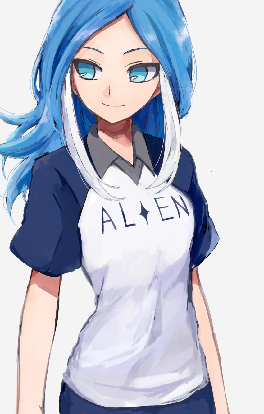 1girl blue_eyes blue_hair blue_shorts blue_sleeves commentary highres inazuma_eleven inazuma_eleven_(series) inazuma_eleven_ares_no_tenbin long_hair looking_to_the_side multicolored_hair nanashiba_(banntlla) shirt shorts smile sportswear two-tone_hair urubida white_background white_hair white_shirt