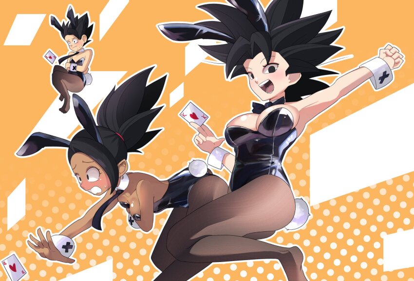 1boy 2girls armpits black_hair breasts cabba caulifla dark-skinned_female dark_skin dragon_ball dragon_ball_super embarrassed floating hair_ornament highres kale_(dragon_ball) large_breasts leotard multiple_girls playboy_bunny rabbit_ears