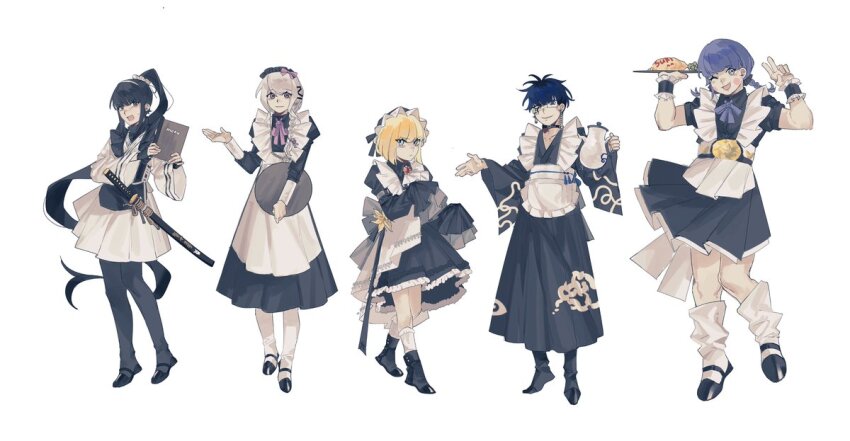1boy 4girls alternate_costume apron belt black_dress black_hair black_pantyhose black_shoes blonde_hair blue_eyes blue_hair book braid braided_ponytail championship_belt closed_mouth dress eyepatch full_body grey_eyes height_difference holding holding_book holding_plate holy_jumonji_sword japanese_clothes kirifuji_nozomi long_hair long_sleeves looking_at_viewer magadori_kyoshika maid maid_apron maid_headdress messy_hair mojiro_moko multiple_girls omokage_yugamu one_eye_covered oosuzuki_kurara open_mouth pantyhose plate pleated_dress purple_eyes purple_hair shoes short_sleeves simple_background smile socks the_hundred_line_-last_defense_academy- v white_background white_dress white_hair white_socks