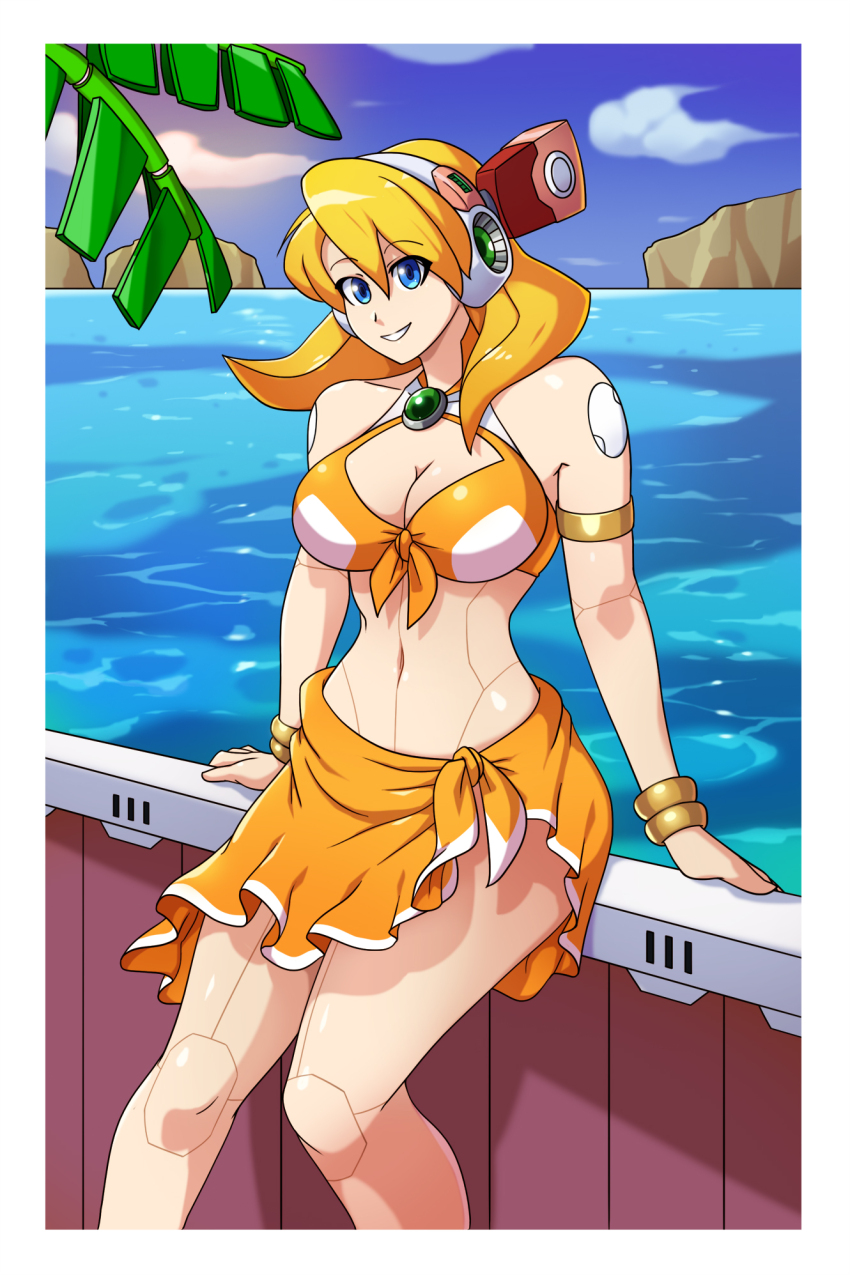 1girl alia_(mega_man) android armlet bikini bikini_skirt blonde_hair blue_eyes blue_sky bracelet breasts chest_jewel cleavage clenched_teeth headgear highres jewelry joints large_breasts long_hair looking_at_viewer medium_hair mega_man_(series) mega_man_x_(series) mega_man_x_dive multicolored_bikini navel navigator ocean orange_bikini robot robot_ears robot_girl robot_joints sky smile solo summer swimsuit swimsuit_alia_(mega_man) teeth toastiepumpkin two-tone_bikini yellow_bikini