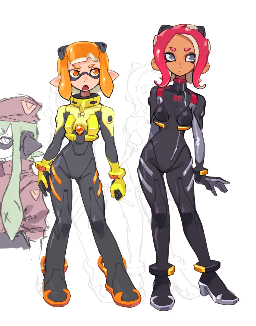 3girls absurdres agent_3_(splatoon) agent_4_(splatoon) agent_8_(splatoon) alternate_costume breasts dark-skinned_female dark_skin green_hair grey_eyes highres inkling inkling_girl inkling_player_character long_hair mecha_pilot_suit medium_breasts medium_hair multiple_girls nintendo octoling octoling_girl octoling_player_character open_mouth orange_eyes orange_hair orisghost pink_hair plugsuit_(evangelion) pointy_ears simple_background splatoon_(series) splatoon_1 splatoon_2 splatoon_2:_octo_expansion tentacle_hair white_background