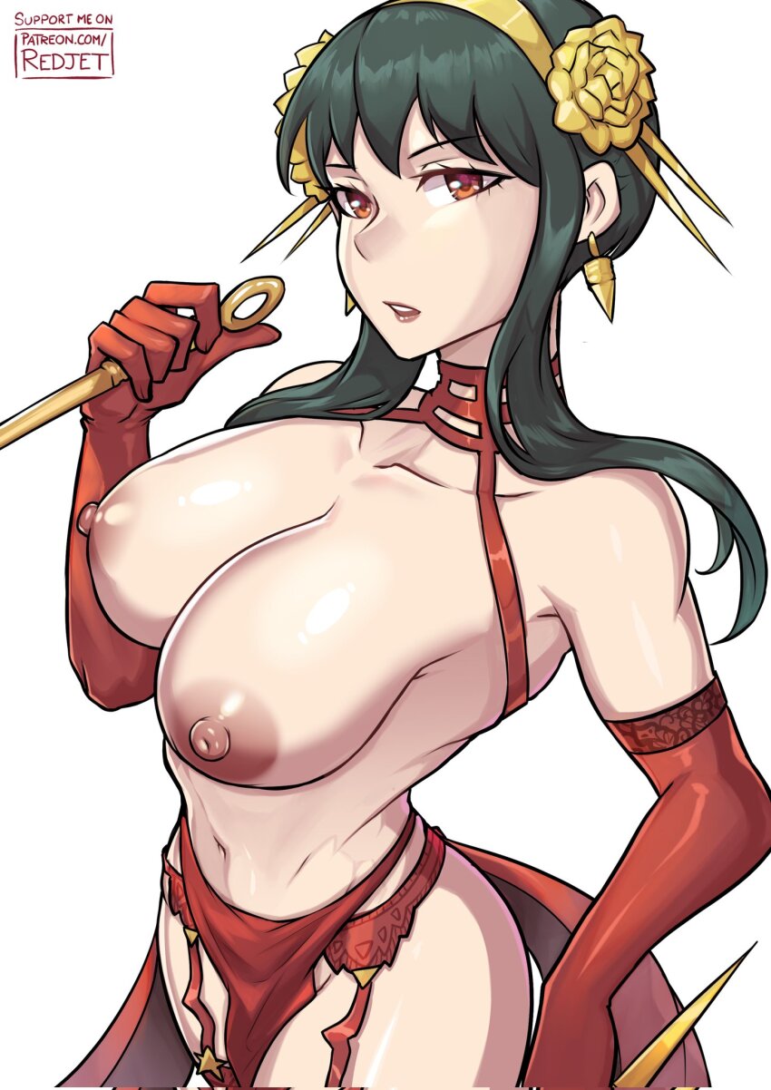 1girl artist_name black_hair breasts cleavage dagger earrings elbow_gloves gloves gold_earrings gold_hairband hairband highres holding holding_dagger holding_knife holding_weapon jewelry knife large_breasts navel nipples o-ring o-ring_top patreon_username pelvic_curtain red_eyes red_gloves redjet solo spy_x_family stiletto_(weapon) watermark weapon web_address yor_briar