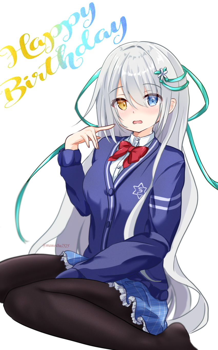 1girl 2025 amanogawa_saya aqua_ribbon black_pantyhose blue_eyes blue_jacket blue_skirt blush bow bowtie collared_shirt commentary dated_commentary dutch_angle eyes_visible_through_hair foot_out_of_frame frilled_skirt frills grey_hair hair_between_eyes hair_ribbon hand_up happy_birthday heterochromia highres index_finger_raised jacket long_hair long_ribbon mame4ba2525 miagete_goran_yozora_no_hoshi_wo miniskirt no_shoes nose_blush open_mouth pantyhose plaid_clothes plaid_skirt pointing pointing_at_self red_bow red_bowtie ribbon school_uniform shirt simple_background sitting skirt solo twitter_username very_long_hair wariza wavy_mouth white_background white_shirt yellow_eyes
