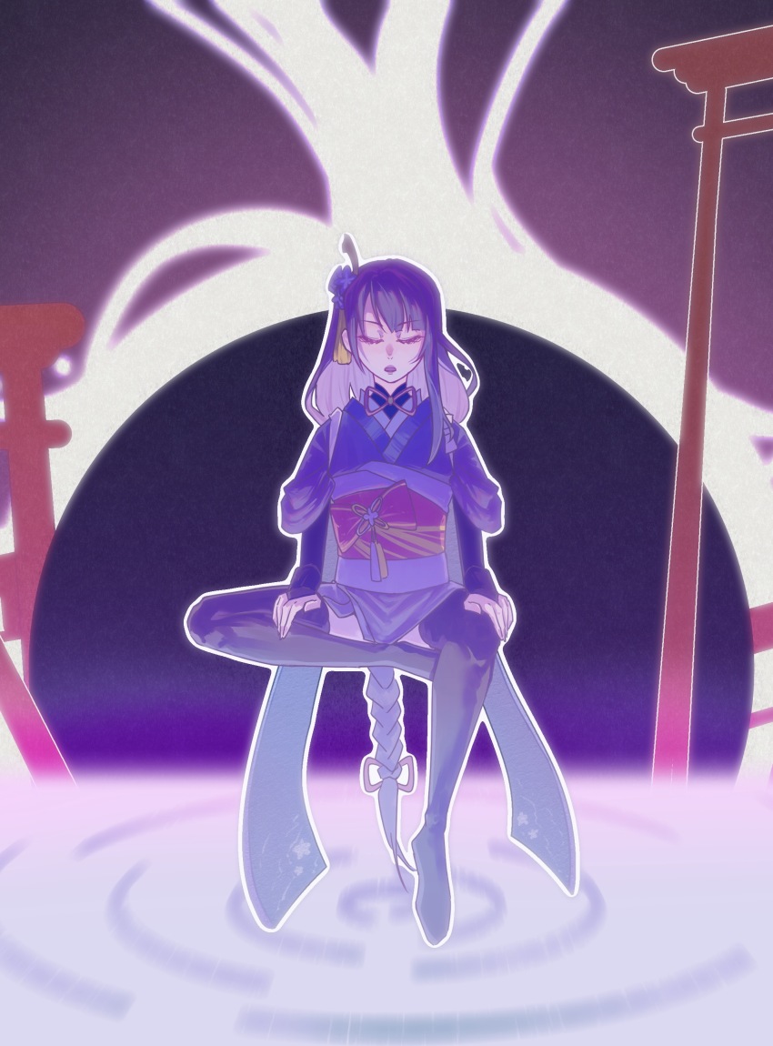 1girl absurdres alternate_costume architecture black_thighhighs blunt_bangs blurry braid bridal_gauntlets buddhism chinese_commentary closed_eyes depth_of_field east_asian_architecture floating full_body genshin_impact gradient_hair hair_ornament hair_ribbon half_lotus_position highres japanese_clothes kimono long_braid long_hair meditation moon multicolored_hair neck_ribbon no_mole official_alternate_costume open_mouth purple_kimono purple_ribbon raiden_shogun red_lips red_ribbon red_sash ribbon sash shade single_braid sitting sleeves_rolled_up solo thighhighs yeyu670712