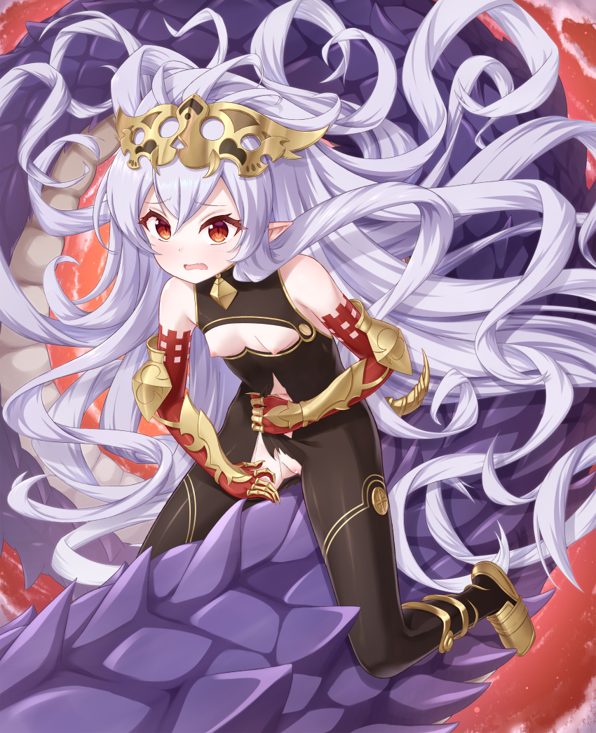 1girl absurdres animal armor bare_shoulders black_bodysuit bodysuit breasts breasts_out censored clothing_cutout elbow_gloves fang gauntlets giant_snake gloves gplnbeat hair_spread_out headpiece highres long_hair medusa_(shingeki_no_bahamut) nipples open_mouth oversized_animal pointy_ears princess_connect! pussy red_eyes riding riding_animal slit_pupils small_breasts snake torn_bodysuit torn_clothes vambraces very_long_hair white_hair