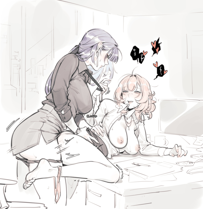 1futa 1girl ass barefoot black_panties blue_eyes breasts clothed_sex desk earrings elf elysia_(honkai_impact) feet futa_with_female futanari grey_skirt highres holding holding_id_card honkai_(series) honkai_impact_3rd id_card implied_futanari jewelry large_breasts long_hair maiqo monitor multiple_girls necklace nipples office_lady on_desk open_clothes open_shirt panties panties_around_leg panty_pull pencil_skirt pink_hair pink_panties pointy_ears raiden_mei shirt short_hair sitting skirt soles toes twitter_username underwear very_long_hair white_shirt yuri