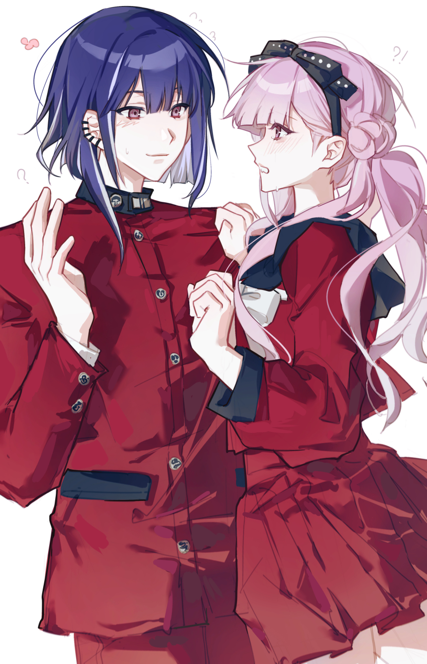 !? 1boy 1girl ? absurdres black_bow black_hair black_hairband blush bow bowtie brother_and_sister chinese_commentary closed_mouth colored_inner_hair commentary_request earclip flying_sweatdrops hair_bow hairband hand_up highres jacket jiuyueai long_hair long_sleeves multicolored_hair pants pink_eyes pink_hair pleated_skirt red_jacket red_pants red_serafuku red_shirt red_skirt school_uniform serafuku shirt short_hair siblings simple_background skirt skirt_set the_hundred_line_-last_defense_academy- tsukumo_ima tsukumo_kako twins two-tone_hair white_background white_bow white_bowtie white_hair