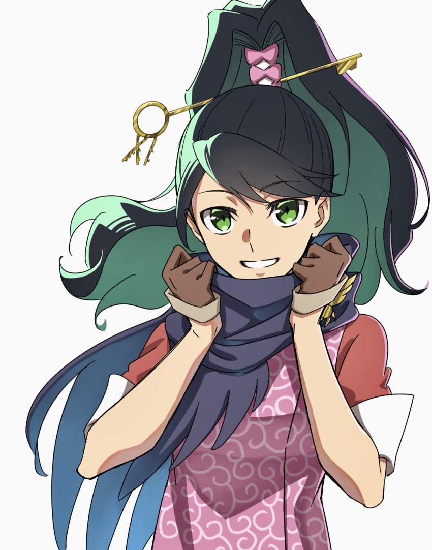1girl ace_attorney ace_attorney_investigations black_hair blue_scarf brown_gloves gloves green_eyes hachi_kou high_ponytail highres karakusa_(pattern) kay_faraday key_hair_ornament long_hair looking_at_viewer open_mouth pink_shirt ponytail scarf shirt short_sleeves simple_background sleeves_rolled_up smile solo swept_bangs two-tone_shirt upper_body white_background wide_ponytail