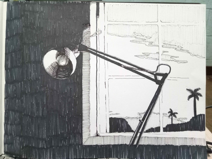 absurdres desk_lamp graphite_(medium) greyscale highres lamp machuuu68 monochrome no_humans original palm_tree rain traditional_media tree window