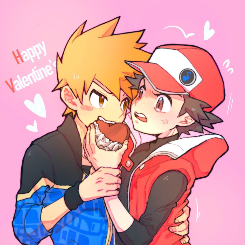 2boys blue_oak blue_oak_(sygna_suit) brown_eyes brown_hair ca_pkmn eating eye_contact highres looking_at_another md5_mismatch multiple_boys nintendo orange_eyes orange_hair pokemon pokemon_masters_ex red_(pokemon) red_(sygna_suit)_(pokemon) resolution_mismatch source_larger valentine yaoi