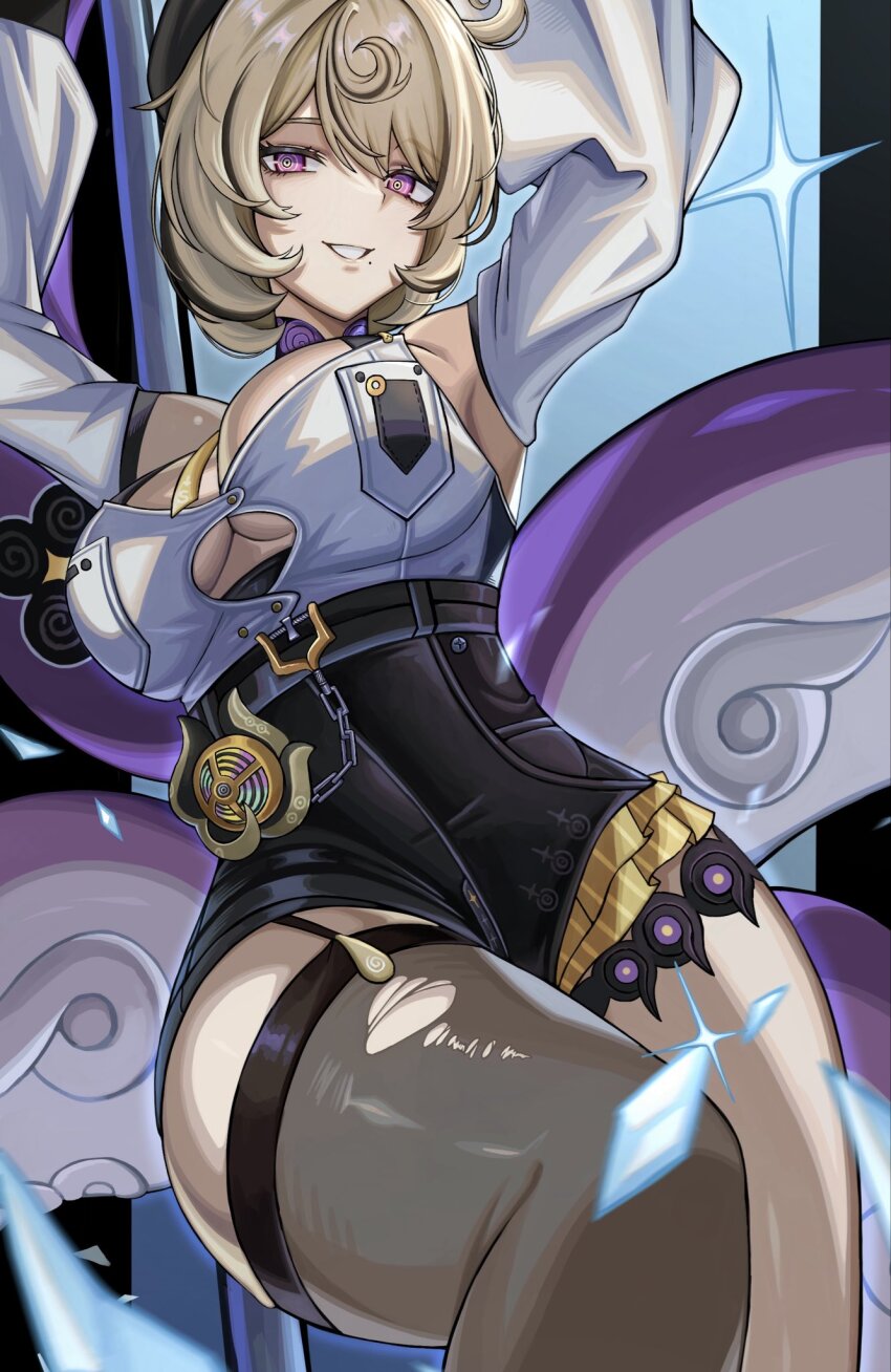 1girl accessories armpits arms_up asymmetrical_shorts black_hat blonde_hair breasts broken_glass cleavage detached_sleeves garter_straps glass glass_shard hair_between_eyes hat high-waist_shorts highres large_breasts looking_at_viewer mole mole_under_mouth monster_girl purple_eyes ringed_eyes rxo2xs scylla shirt short_hair shorts single_garter_strap single_thighhigh solo sparkle sticker tentacle_girl tentacle_tail tentacles thighhighs tight_clothes tight_shirt torn_clothes torn_thighhighs white_shirt white_sleeves yidhari_murphy zenless_zone_zero