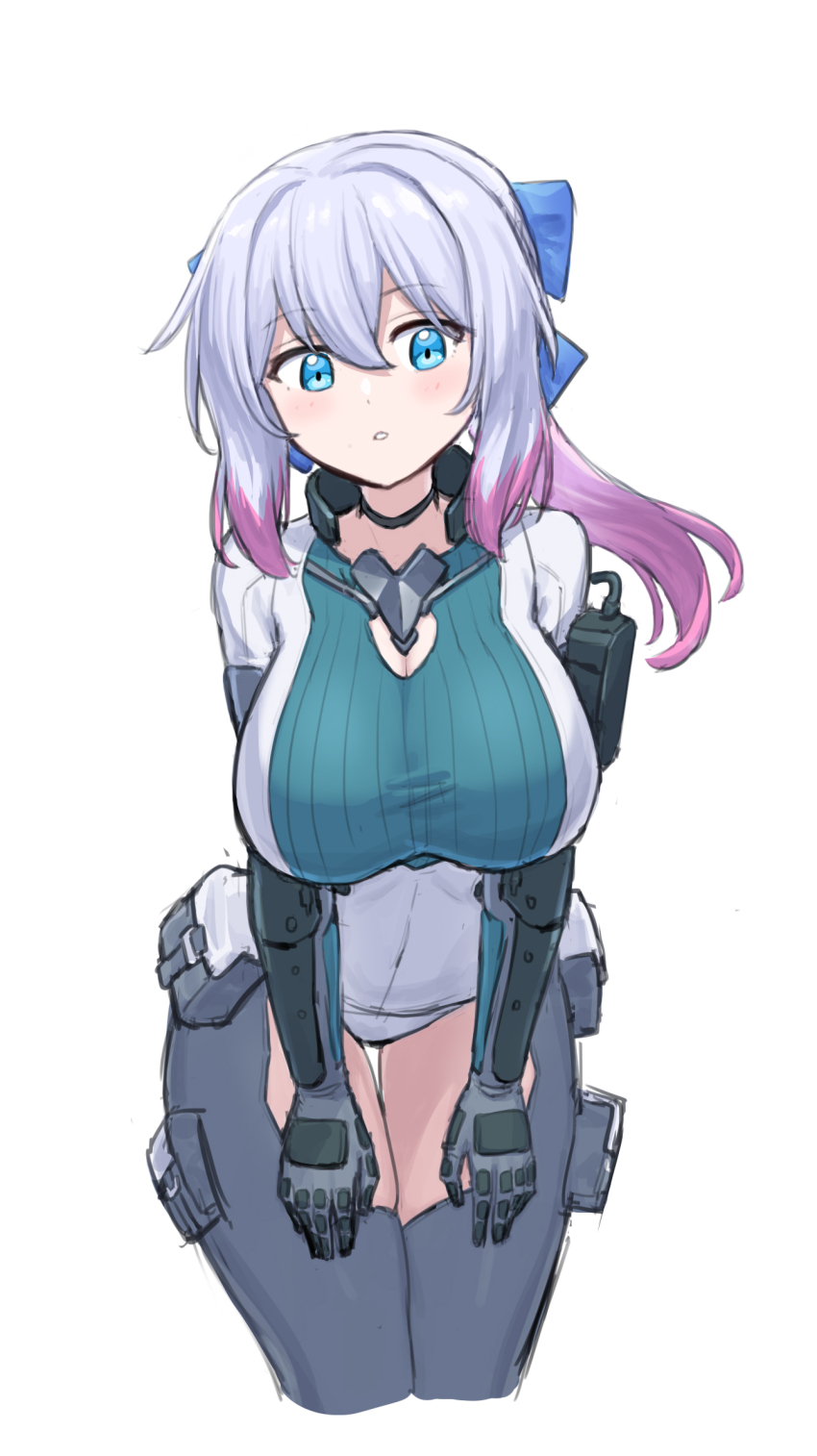1girl blue_bow blue_eyes bow breasts choker dolls_nest gradient_hair grey_hair hair_between_eyes hair_bow highres large_breasts long_hair maxilax multicolored_hair parted_lips pink_hair sidelocks skindentation solo