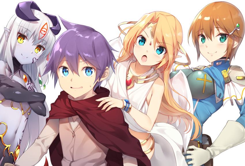 1boy 3girls :o absurdres alipheese_fateburn_xvi aqua_eyes blonde_hair blue_eyes bracelet breasts brown_hair cape colored_skin crossed_arms gloves hair_between_eyes hair_ornament hairclip highres horns ilias jewelry long_hair looking_at_viewer luka_(mon-musu_quest!) medium_breasts mon-musu_quest! mon-musu_quest:_paradox multiple_girls navel purple_hair purple_skin short_hair silver_hair small_breasts smile sonya_(mon-musu_quest!) tattoo v-shaped_eyebrows white_wings wings yappen yellow_eyes