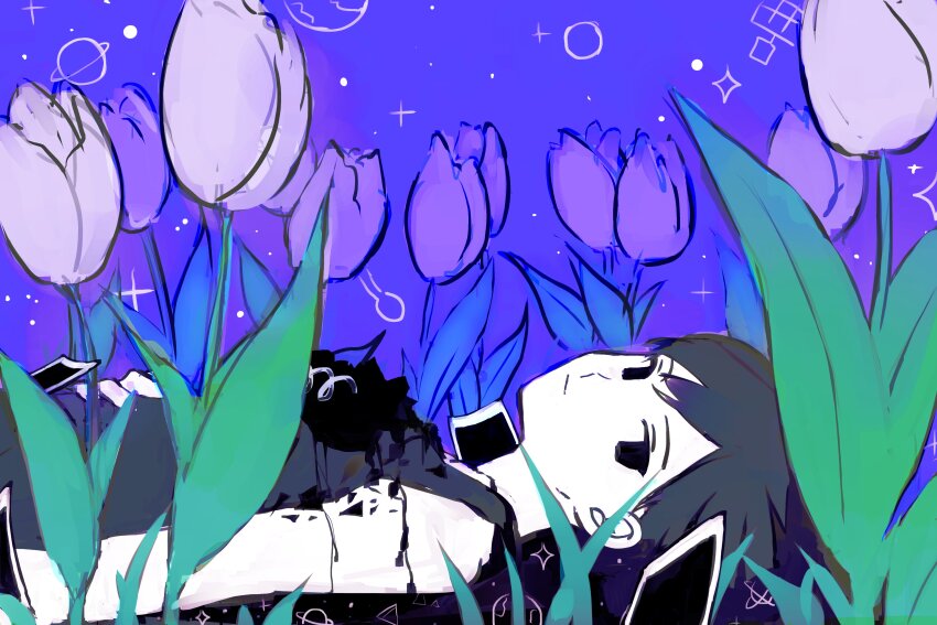 1boy :| absurdres arm_at_side bare_shoulders black_eyes black_hair black_liquid black_tank_top closed_mouth colored_skin commentary_request double-parted_bangs empty_eyes expressionless field flower flower_field hair_behind_ear hair_between_eyes hand_on_own_stomach highres light_bulb looking_at_viewer lying male_focus mouri0724 no_pupils omori omori_(omori) on_back outdoors photo_(object) purple_sky short_hair sideways_glance sky solo sparkle tank_top tulip upper_body very_short_hair white_flower white_skin white_tulip