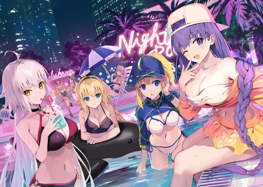 6+girls ahoge artoria_pendragon_(fate) baseball_cap bb_(fate) bb_(swimsuit_mooncancer)_(fate) bb_(swimsuit_mooncancer)_(first_ascension)_(fate) bikini braid breasts chair cup disposable_cup drinking_straw fate/grand_order fate_(series) hairband hat horns ibaraki_douji_(fate) ibaraki_douji_(fate/grand_order) ibaraki_douji_(swimsuit_lancer)_(fate) ibaraki_douji_(swimsuit_lancer)_(first_ascension)_(fate) inflatable_orca inflatable_toy jeanne_d&#039;arc_(fate) jeanne_d&#039;arc_(swimsuit_archer)_(fate) jeanne_d&#039;arc_(swimsuit_archer)_(first_ascension)_(fate) jeanne_d&#039;arc_alter_(fate) jeanne_d&#039;arc_alter_(swimsuit_berserker)_(fate) large_breasts long_hair lounge_chair medb_(fate) medb_(swimsuit_saber)_(fate) medb_(swimsuit_saber)_(second_ascension)_(fate) motto_(night_wear) multiple_girls mysterious_heroine_x_(fate) mysterious_heroine_xx_(fate) neon_lights night one_eye_closed palm_tree parasol ponytail pool smile swimsuit tree umbrella ushiwakamaru_(fate) ushiwakamaru_(fate/grand_order) ushiwakamaru_(swimsuit_assassin)_(fate) ushiwakamaru_(swimsuit_assassin)_(first_ascension)_(fate) wet