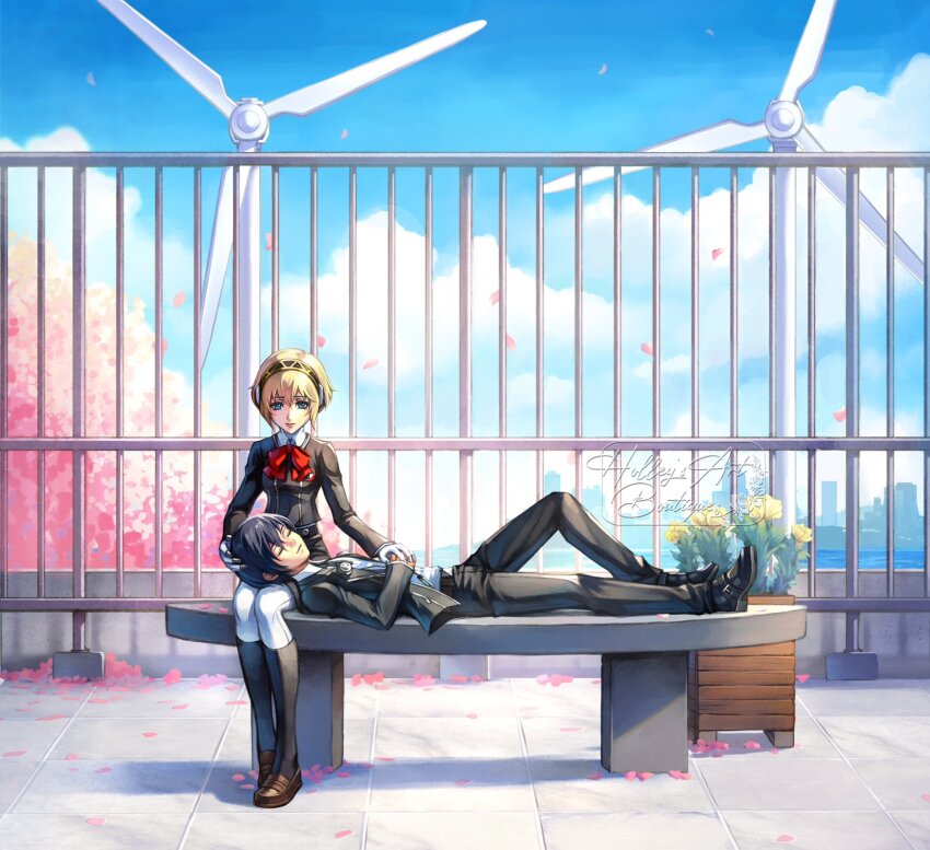 1boy 1girl aigis_(persona) android artist_name black_footwear black_hairband black_jacket black_pants black_skirt black_thighhighs blue_eyes blue_hair blue_sky bow bowtie brown_footwear cherry_blossoms closed_eyes closed_mouth cloud commentary day english_commentary flower gekkoukan_high_school_uniform hairband highres holding_hands hollypolllyy jacket lap_pillow looking_at_another looking_down lying outdoors pants persona persona_3 petals pink_flower red_bow red_bowtie robot_ears school_uniform shoes short_hair skirt sky thighhighs yuuki_makoto_(persona_3)