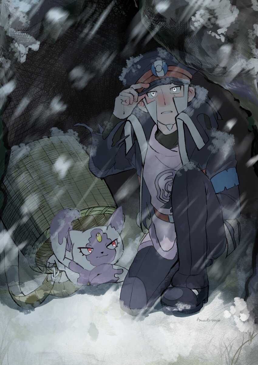 1boy armband artist_request basket belt black_coat black_footwear black_hat black_undershirt blue_armband cave claws coat eyelashes facial_hair fang feathers gem goatee grey_eyes grey_hair hand_on_headwear hat hiding highres hisuian_sneasel ingo_(pokemon) male_focus nintendo pearl_clan_outfit pokemon pokemon_legends:_arceus red_eyes rope short_hair sideburns snow snowstorm squatting torn_clothes torn_coat turtleneck two-tone_fur