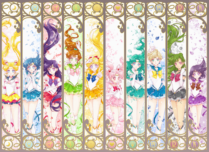 6+girls aino_minako aqua_sailor_collar aqua_skirt arms_behind_back bishoujo_senshi_sailor_moon bishoujo_senshi_sailor_moon_sailor_stars bishoujo_senshi_sailor_moon_stars black_hair black_skirt blonde_hair blue_eyes blue_hair blue_sailor_collar blue_skirt boots bow brooch brown_hair chibi_usa cone_hair_bun crescent crescent_facial_mark dark-skinned_female dark_skin double_bun elbow_gloves eternal_sailor_moon facial_mark female_focus gloves green_eyes green_hair green_sailor_collar green_skirt hair_bow hair_bun heart heart_brooch highres hino_rei inner_senshi jewelry kaiou_michiru kino_makoto legs long_hair looking_at_viewer magical_girl meiou_setsuna miniskirt mizuno_ami multiple_girls orange_sailor_collar orange_skirt outer_senshi pink_eyes pink_hair pink_sailor_collar ponytail purple_eyes purple_hair purple_sailor_collar purple_skirt red_sailor_collar red_skirt sailor_chibi_moon sailor_collar sailor_jupiter sailor_mars sailor_mercury sailor_moon sailor_neptune sailor_pluto sailor_saturn sailor_senshi sailor_uranus sailor_venus sarashina_kau short_hair skirt smile standing star_brooch super_sailor_chibi_moon_(stars) super_sailor_jupiter_(stars) super_sailor_mars_(stars) super_sailor_mercury_(stars) super_sailor_neptune_(stars) super_sailor_pluto_(stars) super_sailor_saturn_(stars) super_sailor_uranus_(stars) super_sailor_venus_(stars) ten&#039;ou_haruka tiara tomoe_hotaru tsukino_usagi twintails very_long_hair white_footwear white_gloves wing_brooch