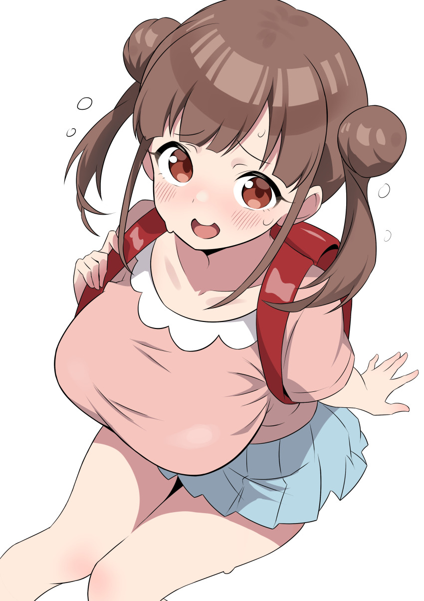 1girl absurdres backpack bag blush breasts brown_eyes brown_hair commentary_request double_bun from_above hair_bun highres idolmaster idolmaster_shiny_colors large_breasts looking_at_viewer miniskirt open_mouth pink_shirt pleated_skirt randoseru shirt simple_background skirt solo sonoda_chiyoko thighs twintails white_background zaza_(zahaoming)