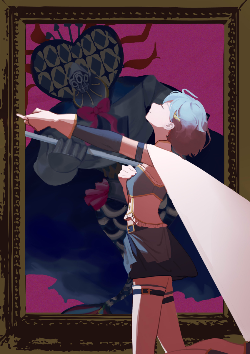 1girl absurdres arm_up ash_(fuaaa24) blue_hair closed_eyes highres magical_girl mahou_shoujo_madoka_magica miki_sayaka miki_sayaka_(magical_girl) oktavia_von_seckendorff picture_frame purple_background short_hair solo witch_(madoka_magica)