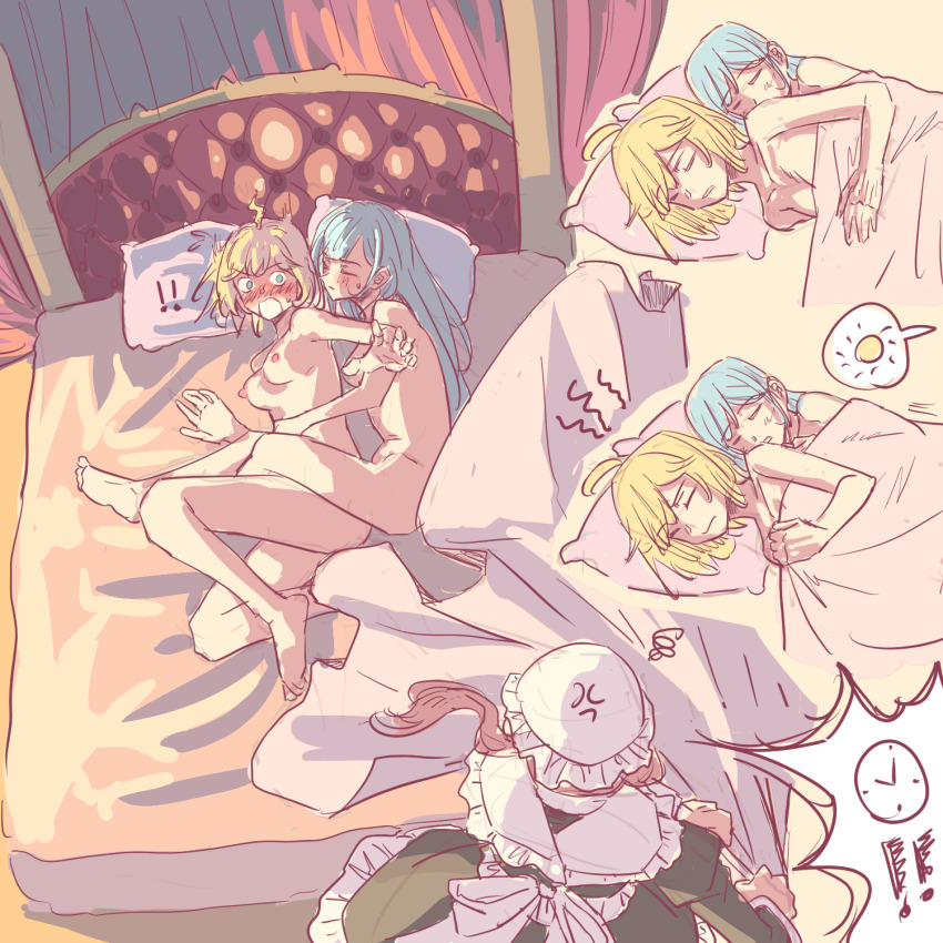 3girls anisphia_wynn_palettia anjuro_zeeku apron bed black_dress blonde_hair blue_eyes blue_hair blush breasts canopy_bed clock closed_eyes closed_mouth commentary completely_nude cuddling dress embarrassed euphyllia_magenta highres ilia_coral leg_lock long_hair maid maid_apron medium_breasts multiple_girls nipples nude on_bed pillow red_hair short_hair sleeping spoken_sun squiggle tensei_oujo_to_tensai_reijou_no_mahou_kakumei under_covers white_apron yuri