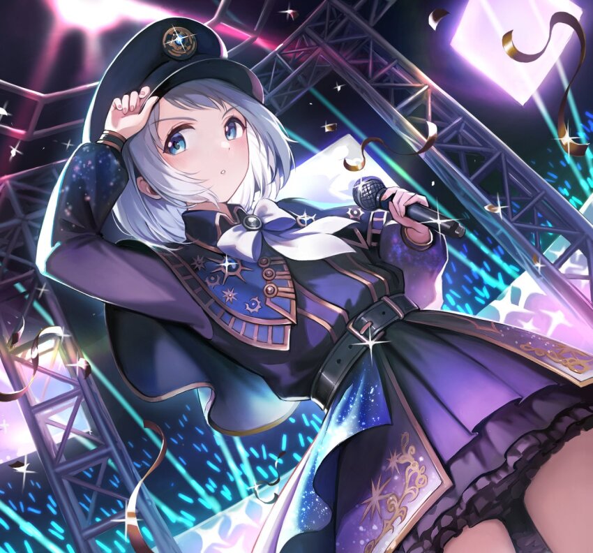 1girl adjusting_clothes adjusting_headwear alternate_hairstyle belt black_belt blue_capelet blue_eyes blush bow bowtie capelet commentary cowboy_shot dot_nose dress dutch_angle gakuen_idolmaster glint glowstick grey_hair hat highres holding holding_microphone idolmaster katsuragi_lilja kyokkou_(idolmaster) laser layered_skirt long_sleeves looking_to_the_side microphone miniskirt parted_lips purple_dress screen short_hair skirt solo stage stage_lights streamers tuna_picture white_bow white_bowtie