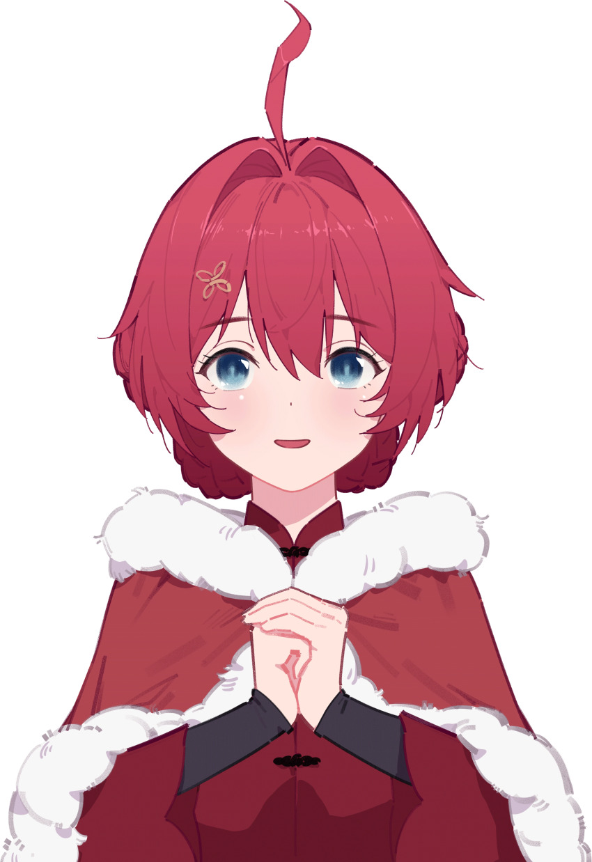 1girl absurdres aged_down ahoge alternate_costume blue_eyes blush braid chinese_clothes cloak danjin_(wuthering_waves) folded_braid fur-trimmed_cloak fur_trim hair_between_eyes hair_intakes hair_ornament hairclip highres looking_at_viewer mandarin_collar open_mouth palm-fist_greeting red_cloak red_hair red_shirt shirt simple_background smile solo straight-on transparent_background twin_braids upper_body wuthering_waves xini_m