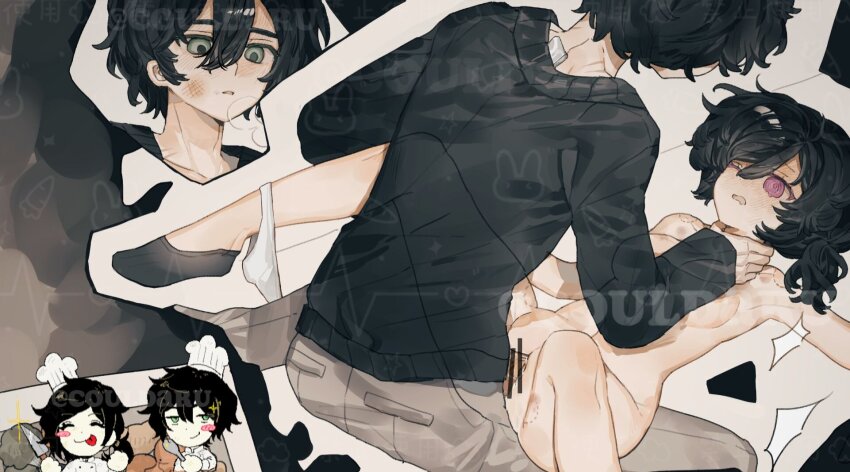 andrew_graves ashley_graves black_hair black_shirt blush breasts censored chef_hat green_eyes hat medium_breasts missionary nude panties pink_eyes sex shirt short_hair strangling the_coffin_of_andy_and_leyley underwear watermark white_panties