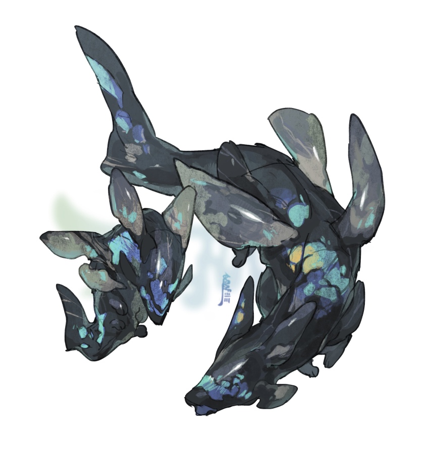absurdres black_skin colored_skin creature creature_focus fins full_body head_fins highres microw multicolored_skin no_eyes no_humans opal_(gemstone) original shiny_skin signature simple_background snout tail white_background