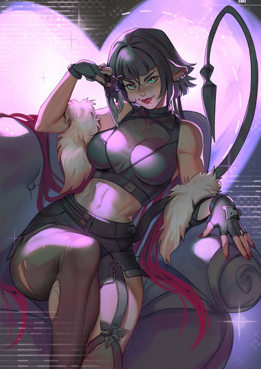 1girl animal_ears black_gloves black_hair black_shorts blunt_bangs breasts eva_solo fingerless_gloves garter_straps gloves green_eyes high-waist_shorts highres holding holding_knife jane_doe_(zenless_zone_zero) knife lips long_hair long_tail looking_at_viewer medium_breasts midriff mouse_ears mouse_girl mouse_tail multicolored_hair pantyhose red_hair red_nails sharp_tail shorts single_garter_strap single_leg_pantyhose single_thighhigh solo tail thighhighs torn_clothes torn_pantyhose torn_thighhighs zenless_zone_zero
