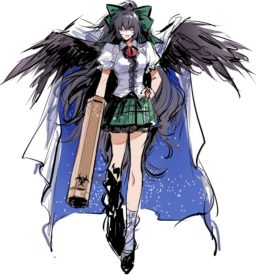 1girl ^_^ absurdres arm_cannon ashi_(dongshi389) asymmetrical_footwear bird_wings black_hair black_shoes black_wings bow breasts cape chinese_commentary closed_eyes collared_shirt commentary_request control_rod_(touhou) facing_viewer feathered_wings full_body green_bow green_skirt hair_bow hand_on_own_hip highres long_hair long_legs miniskirt open_mouth pleated_skirt puffy_short_sleeves puffy_sleeves reiuji_utsuho shirt shoes short_sleeves sketch skirt smile socks solo standing third_eye third_eye_on_chest touhou weapon white_shirt white_socks wings