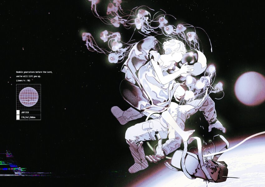 1girl 1other absurdres astronaut barefoot english_text highres jellyfish original space toktin_zq white_hair