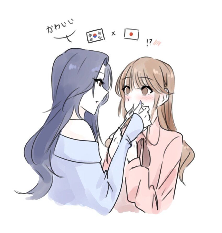 !? 2girls black_hair blouse blush brown_eyes brown_hair female_focus fork hand_on_another&#039;s_face highres japan-korea_yuri_(meme) japanese_flag long_hair multiple_girls saint_udon shirt south_korean_flag white_background yuri