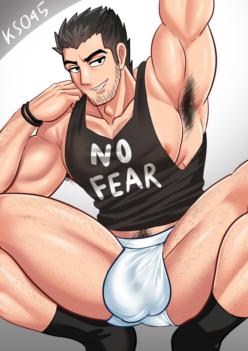 1boy abs absurdres alternate_body_hair arm_hair arm_up armpit_hair armpits bara beard_stubble black_hair black_socks black_tank_top briefs chest_hair facial_hair feet_out_of_frame gluteal_fold hairy highres ks045art large_pectorals looking_at_viewer lucas_lee male_focus male_underwear midriff_peek muscular muscular_male navel navel_hair nipple_slip nipples no_pants pectoral_cleavage pectorals pubic_hair scott_pilgrim_(series) scott_pilgrim_takes_off seductive_smile short_hair sidepec smile socks solo squatting stubble tank_top thick_eyebrows thick_thighs thighs underwear white_male_underwear