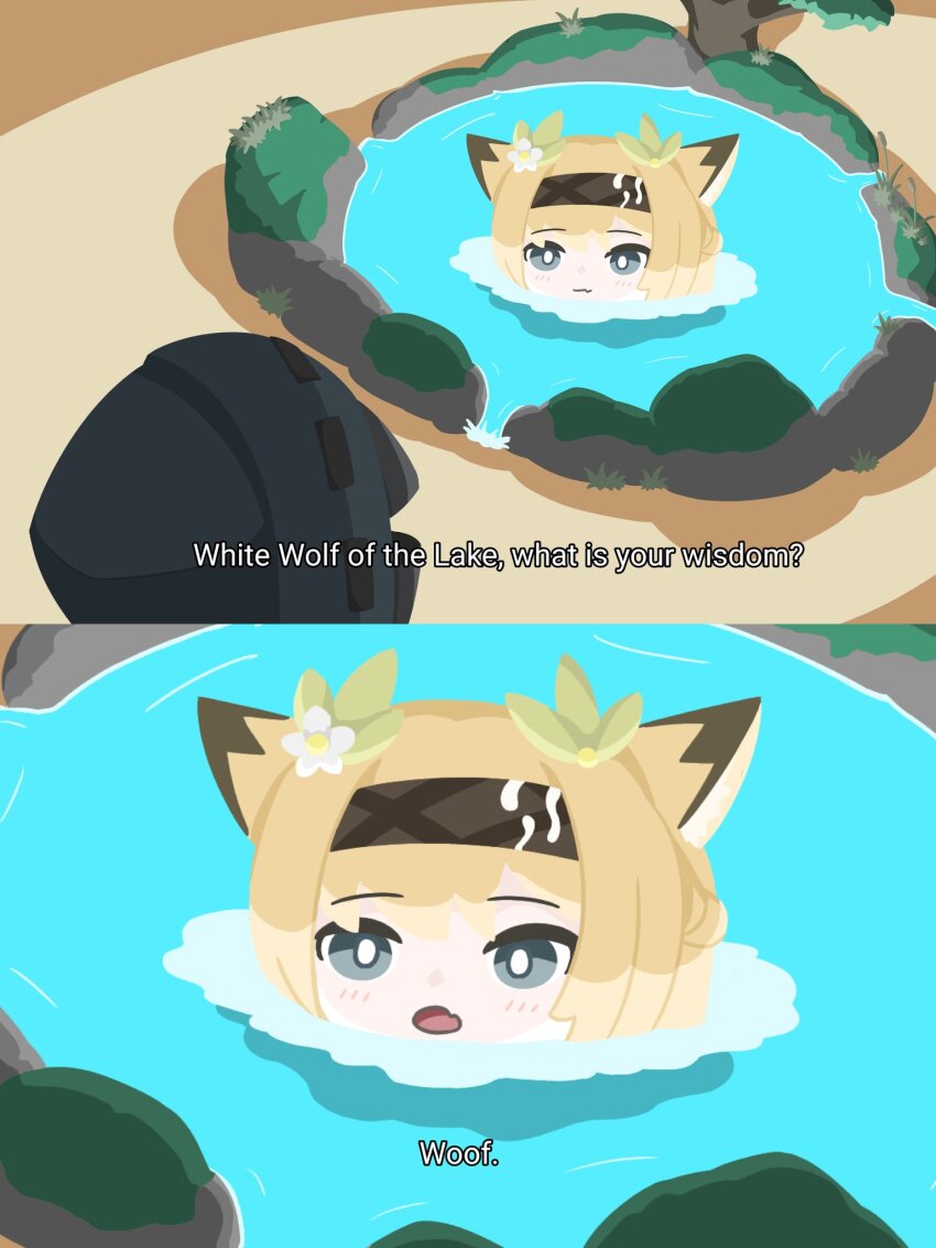 1girl 1other 2koma animal_ears arknights blonde_hair blue_eyes brown_headband chibi comic day doctor_(arknights) english_text expressionless gribberoni hairband headband highres hood hood_up hooded_jacket horn_(arknights) jacket looking_at_another meme open_mouth outdoors panzer_of_the_lake_(meme) parody partially_submerged tejina_senpai_(series) wolf_ears woof