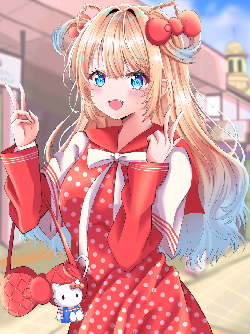 1girl :d absurdres bag blonde_hair blue_eyes blue_hair blue_sky blurry blurry_background blush bow braid breasts character_charm charm_(object) commentary cowboy_shot day dress elbow_carry gradient_hair hair_bow hair_ears hair_intakes handbag hello_kitty hello_kitty_(character) highres inward_w large_breasts layered_sleeves link!_like!_love_live! long_hair long_sleeves looking_at_viewer love_live! maymaru multicolored_hair neck_ribbon official_alternate_costume open_mouth osawa_rurino outdoors polka_dot polka_dot_dress red_bag red_bow red_dress red_sailor_collar ribbon sailor_collar sailor_dress sanrio short_over_long_sleeves short_sleeves sky smile solo v virtual_youtuber w white_ribbon