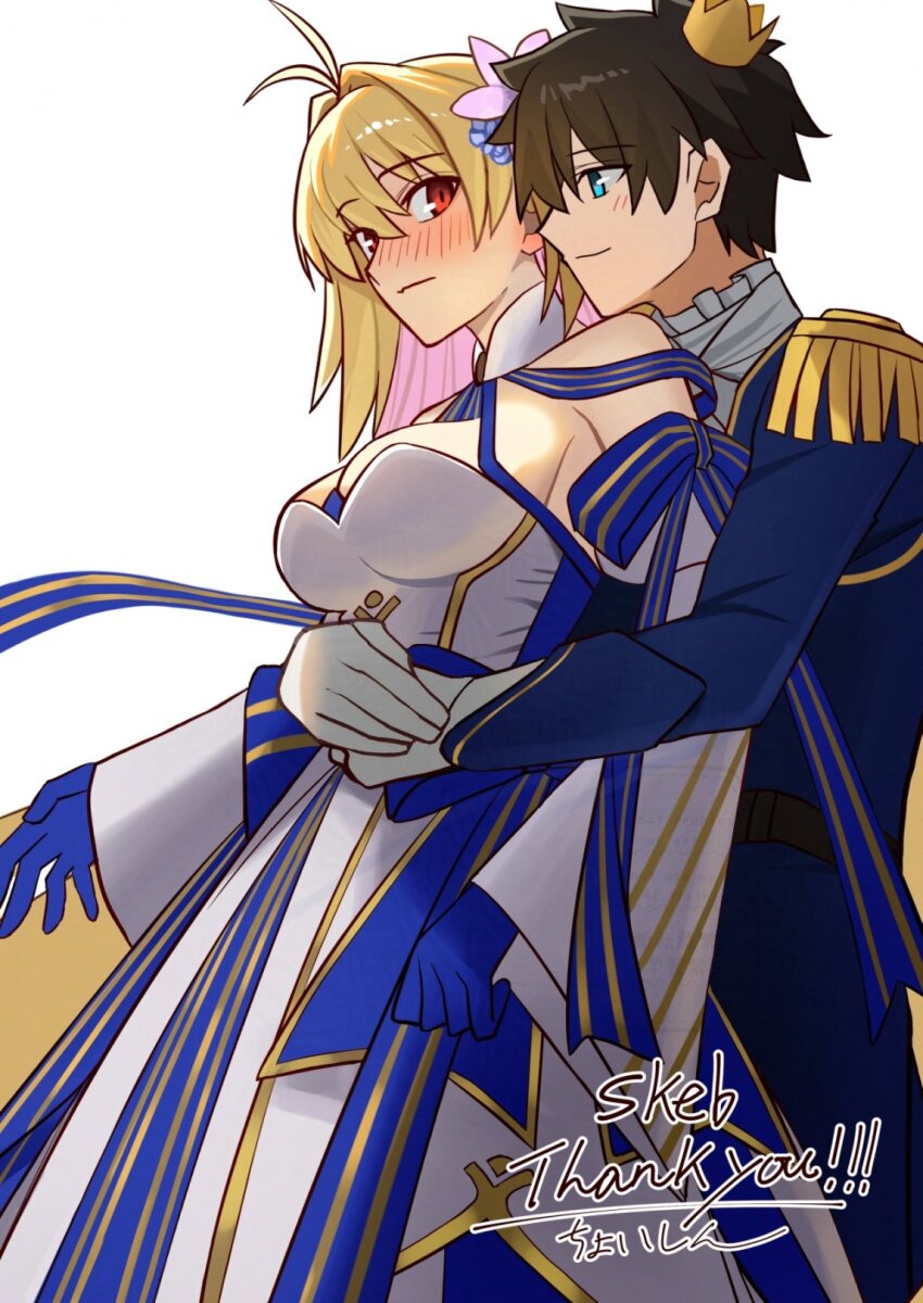 1boy 1girl archetype_earth archetype_earth_(third_ascension) arcueid_brunestud black_hair blonde_hair blush breasts commission fate/grand_order fate_(series) fujimaru_ritsuka_(male) fujimaru_ritsuka_(male)_(royal_brand) hetero highres hug hug_from_behind large_breasts long_hair red_eyes shintyoi2 short_hair signature skeb_commission
