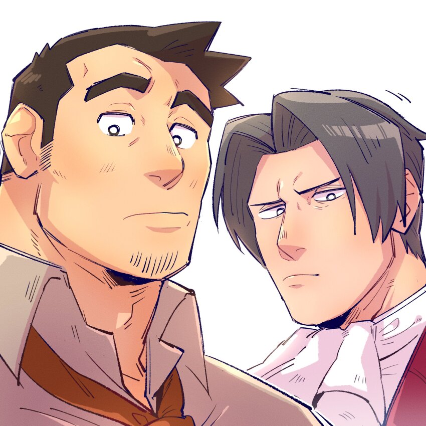 2boys absurdres ace_attorney adam&#039;s_apple ascot black_hair bright_pupils collared_shirt curtained_hair dick_gumshoe facial_hair goatee_stubble grey_hair highres looking_at_viewer male_focus miles_edgeworth multiple_boys necktie shirt short_hair sideburns_stubble simple_background stubble white_ascot white_background white_pupils yowasabimechaoc