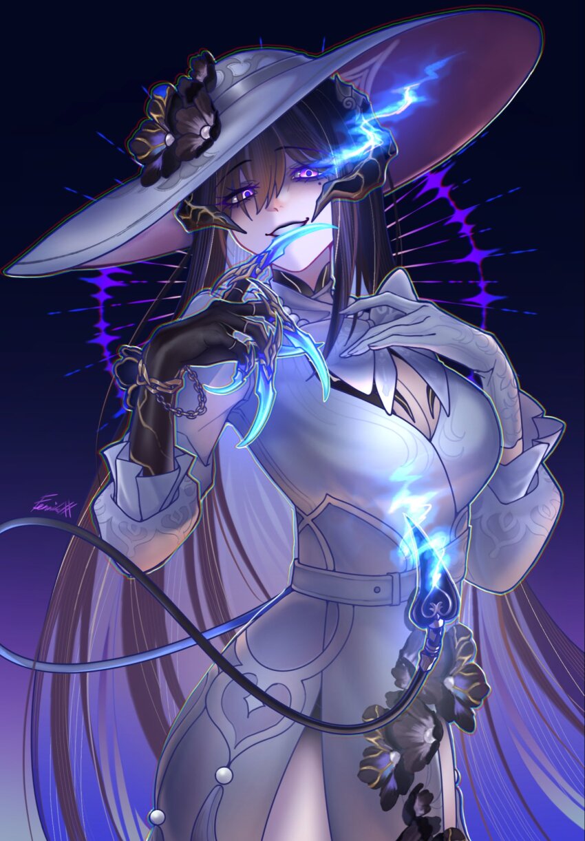 1girl asymmetrical_gloves black_claws black_hair black_horns black_lips breasts cleavage colored_inner_hair constance_(honkai:_star_rail) dress gloves hashtag-only_commentary hat highres honkai:_star_rail honkai_(series) horns l!i_(solu) large_breasts long_hair mismatched_gloves mole mole_under_eye multicolored_hair purple_eyes purple_hair solo two-tone_hair very_long_hair white_dress white_gloves white_hat