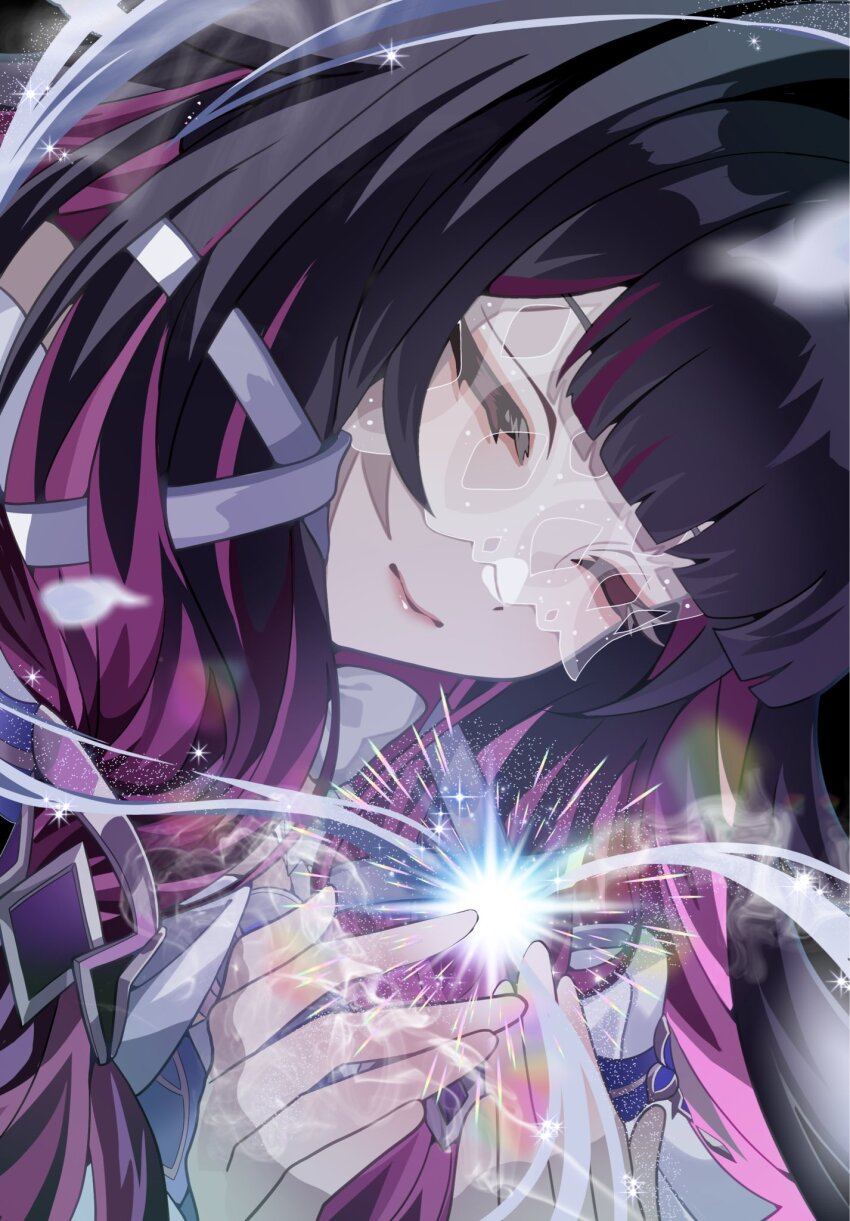 1girl black_hair closed_eyes closed_mouth columbina_(genshin_impact) commentary_request eye_mask genshin_impact hair_ribbon highres long_hair mask multicolored_hair pink_hair portrait rei_(sss35_ss3) ribbon see-through_clothes see-through_mask solo two-tone_hair white_ribbon