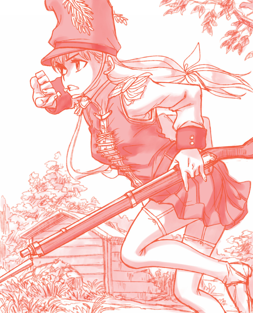 1girl absurdres antique_firearm bayonet boots bush epaulettes female_focus firearm firelock foliage gun hat highres holding holding_gun holding_weapon kageng long_hair military military_hat military_uniform musket original outdoors plant powder running shack soldier solo thigh_boots thighhighs tree weapon