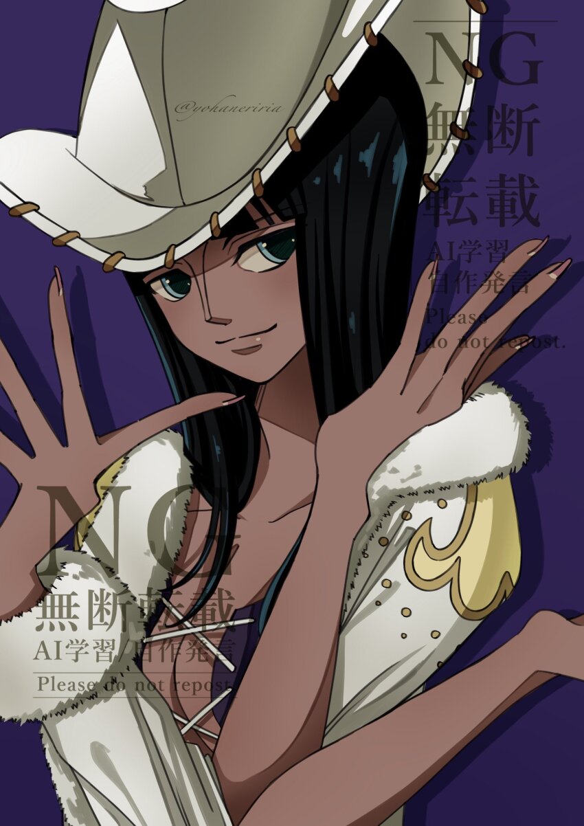 1girl black_hair blue_eyes blunt_bangs closed_mouth coat collarbone commentary cowboy_hat cross-laced_clothes cross-laced_top crossed_arms devil_fruit_power extra_arms fur-trimmed_coat fur_trim hana_hana_no_mi hat highres long_hair looking_at_viewer nico_robin nico_robin_(alabasta) one_piece purple_background simple_background smile solo upper_body watermark white_coat white_hat yohaneriria