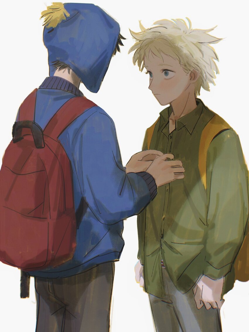 2boys animification backpack bag black_hair black_pants blonde_hair blue_eyes blue_hat blue_jacket chullo chunai_tuju craig_tucker green_shirt grey_pants hat highres jacket looking_at_another male_focus multiple_boys pants red_bag shirt short_hair simple_background south_park tweek_tweak white_background yellow_bag