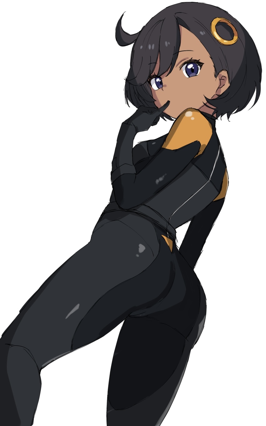 1girl absurdres ahoge ass black_bodysuit black_hair bodysuit breasts curvy dark-skinned_female dark_skin emma_(pokemon) finger_to_mouth hair_ornament highres index_finger_raised looking_at_viewer nintendo pokemon pokemon_legends:_z-a purple_eyes rpca shiny_clothes short_hair side_ahoge simple_background solo white_background wide_hips