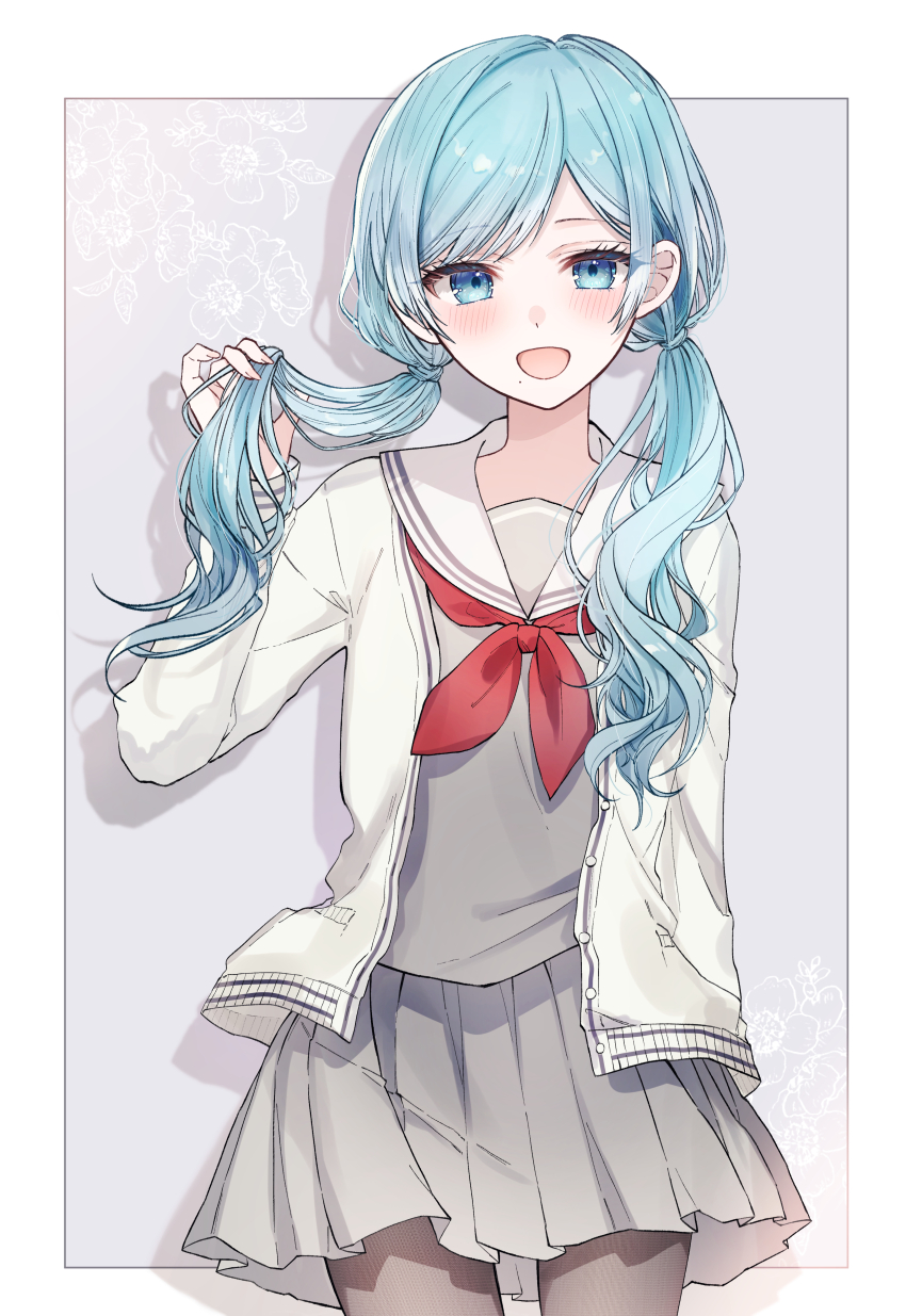 1girl absurdres alternate_hairstyle blue_eyes blue_hair cardigan chase_my_ideal_idol!_(project_sekai) commentary grey_shirt grey_skirt highres hinomori_shizuku holding holding_own_hair long_hair long_sleeves mairu003 miyamasuzaka_girls&#039;_academy_school_uniform mole mole_under_mouth neckerchief official_alternate_hairstyle open_mouth pantyhose project_sekai red_neckerchief sailor_collar school_uniform serafuku shirt simple_background skirt smile solo twintails white_sailor_collar