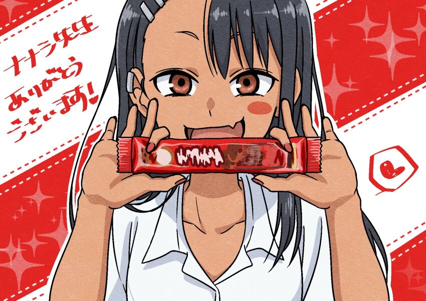 1girl 774_(nanashi) :d blush_stickers collared_shirt commentary_request earrings fang food heart highres holding holding_food ijiranaide_nagatoro-san jewelry long_hair long_sleeves looking_at_viewer nagatoro_hayase nail_polish official_art open_mouth orange_nails school_uniform shirt single_earring skin_fang smile solo tan upper_body white_shirt