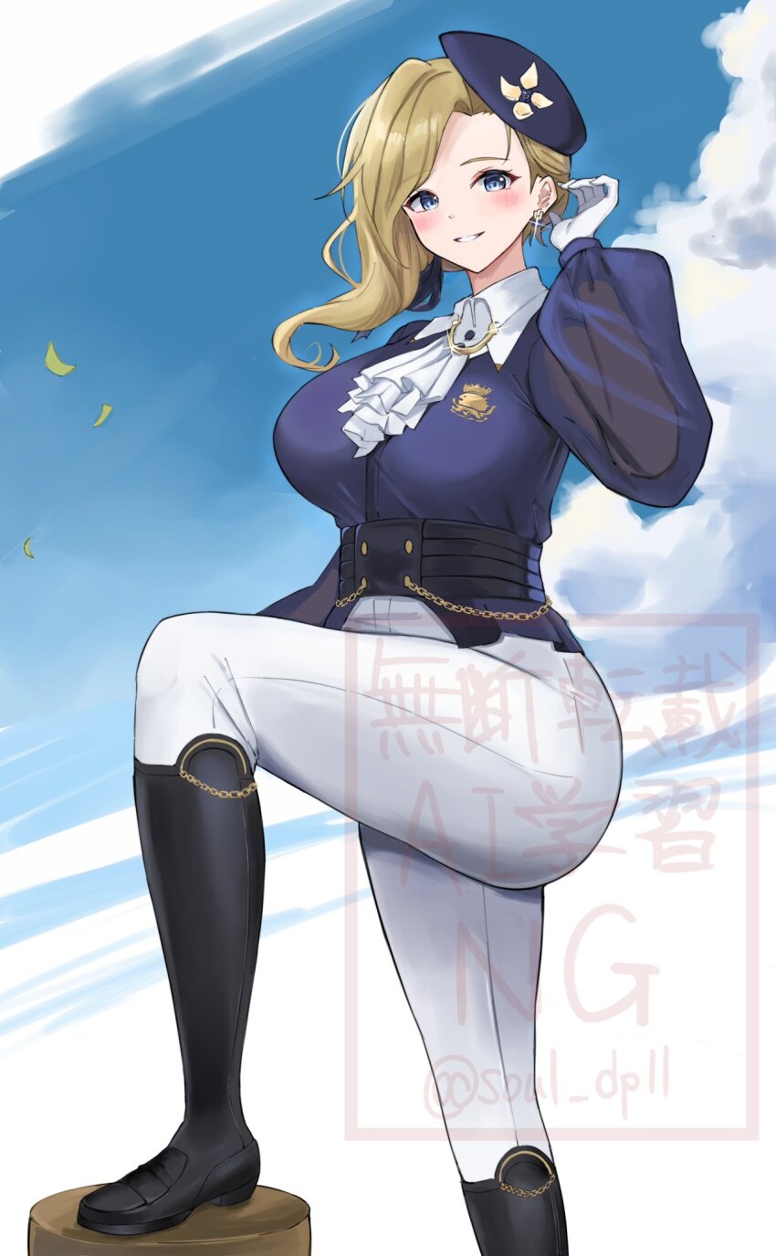 1girl ascot azur_lane black_footwear blonde_hair blue_eyes blue_sky boots breasts cloud day earrings frilled_ascot frills gloves highres hood_(azur_lane) hood_(gentlewoman_and_stallion)_(azur_lane) jacket jewelry knee_boots long_hair long_sleeves looking_at_viewer official_alternate_costume outdoors pants riding_boots riding_outfit royal_navy_emblem_(azur_lane) sky soul_(dp11) watermark white_gloves white_pants
