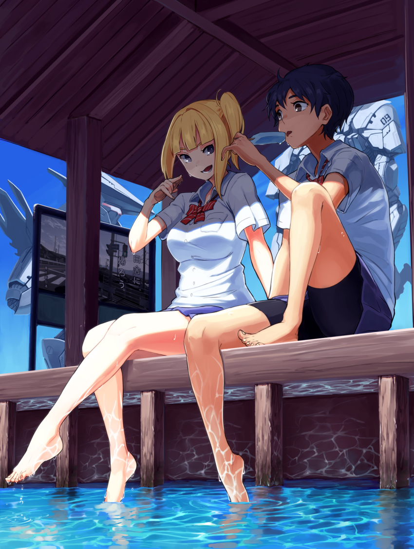 2girls bad_id bad_pixiv_id barefoot bike_shorts black_eyes black_hair blonde_hair brown_eyes feet food highres kurinton legs mecha multiple_girls necktie omaru_gyuunyuu original plantar_flexion popsicle robot short_hair shorts side_ponytail sitting skirt smile soaking_feet water